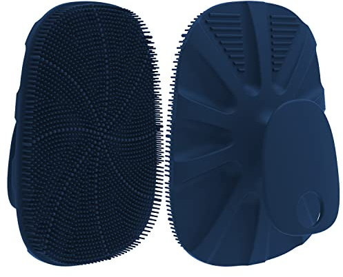 HIEERBUS Silicone Body Scrubber Shower Bath Brush for Nourishing, Cleaning & Exfoliating of Women Men - No-Slip Handle,Lather Well, Long Lasting & Easy to Clean More Hygienic,1 Pack, Dark Blue