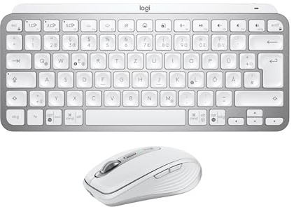 Logitech MX Keys Mini Tastatur + MX Anywhere 3S kabellose Maus – flüssiges Tippen, beleuchtete Tasten, schnelles Scrollen, Bluetooth, kompatibel mit mehreren Betriebssystemen - Hellgrau, QWERTZ-Layout