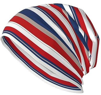 BEEOFICEPENG Totenkopfmütze, Beanie-Mütze, Strickmütze, Sturmhaube, Slouchy-Beanie-Mütze, Laufmütze, Unisex, rot, blau, weiß, grau gestreift