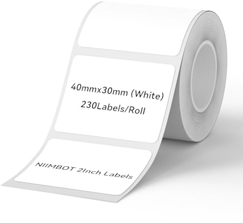 NIIMBOT Etichette per etichettatrice B1/B21/B3S, 40 x 30 mm, 230 nastri/rotolo, nastro termico per etichette, impermeabile, a prova di olio, per casa, ufficio, piccole imprese, colore bianco