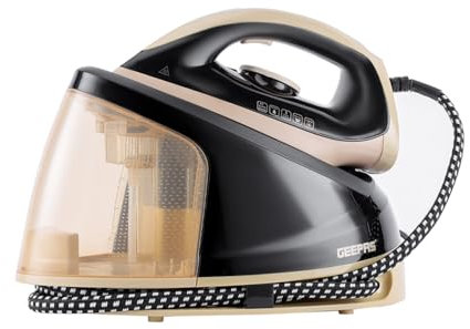 GEEPAS Steam Iron | Steam Generator Iron | 1m Fast Heat-Up Vertical Steaming | Ceramic Soleplate Adjustable Temperature | 1.2l Water Detachable Tank 0.5g/Steam Output | 2 Year Warranty 2400W Black