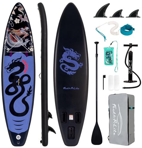 FEATH-R-LITE Aufblasbare Stand Up Paddle Boards Multifunktionale Paddleboard Mit Handpumpe, Sup Rucksack, Leine, Einstellbares Paddel, Für Erwachsene, Aller Fertigkeitsstufen (Drache-Schwarz)