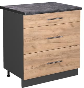 Vicco Küchenunterschrank Fame-Line, Goldkraft Eiche, 80 cm | 3 Schubladen · AP Anthrazit inkl. · Höhenverstellbare Füße · Metallgriffe · Metall-Vollauszüge