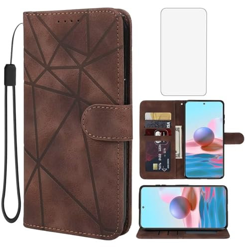Wanyuexes Funda para Redmi Note 10/Redmi Note 10S/Note 11SE/Poco M5S Cristal Templado Protector, Carcasa Billetera de Cuero PU, Ranura para Tarjeta para Xiaomi Redmi Note 10S marrón