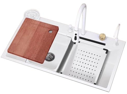 generisch Lavello da cucina in acciaio inox per cucina con rubinetto a cascata grande capacità, lavello singolo, lavello con lavastoviglie per tazze, set completo di accessori lavelli (colore: bianco,