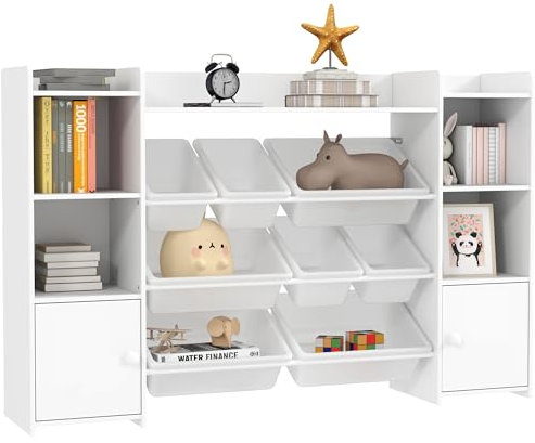 AIYAPLAY Kinderregal, Spielzeugregal Bücherregal mit 8 herausnehmbaren Aufbewahrungsboxen, 4 offenen Fächern, 2 Schrankfächer, für Kinderzimmer, Spielzimmer, Wohnzimmer, 140 x 30 x 90 cm, Weiß