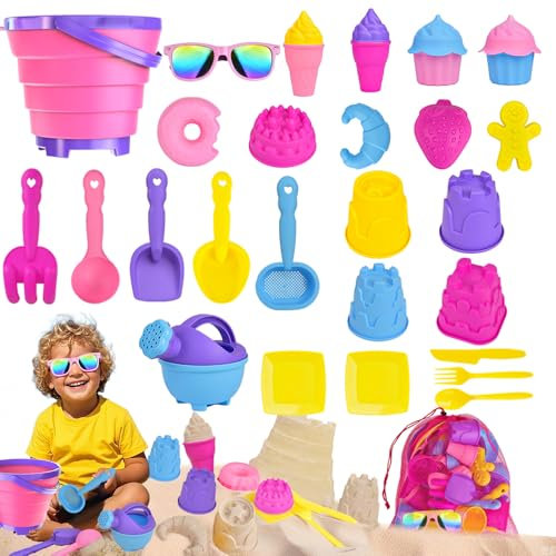 Fegalop Sandspielzeug Set Für Mädchen 31 Stück, Sandkasten Spielzeug Strandspielzeug Mit Falteimer, Strandspielzeug Kinder mit 5 Sandschaufel, Eimer, Sandformen, Sonnenbrille,Netzbeutel für Kinder