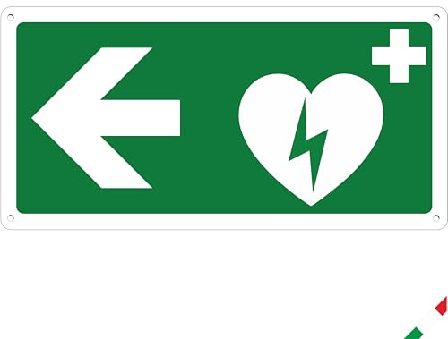 Pubblimania Defibrillator-Schild mit Pfeil nach links, 3 mm Aluminium-Verbundschild für den Innen- und Außenbereich (AED Pfeil nach links, 1 Einheit)