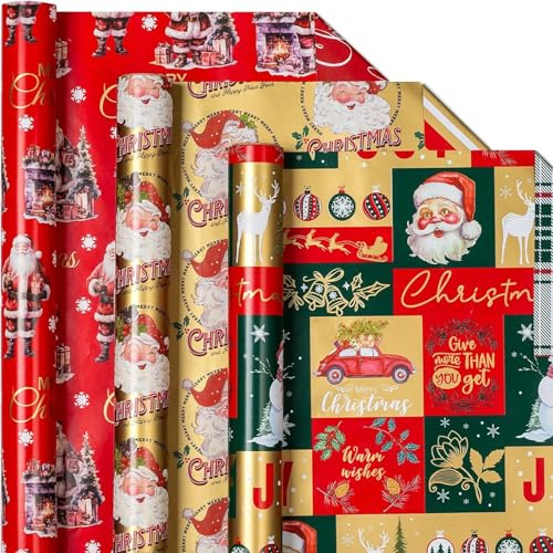 Wikadlik Weihnachts-Geschenkpapierrolle, 3 Mini-Rollen, Vintage-Geschenkpapier, lustiges, niedliches Weihnachtsmann-Design, 43,5 cm x 3 m pro Rolle