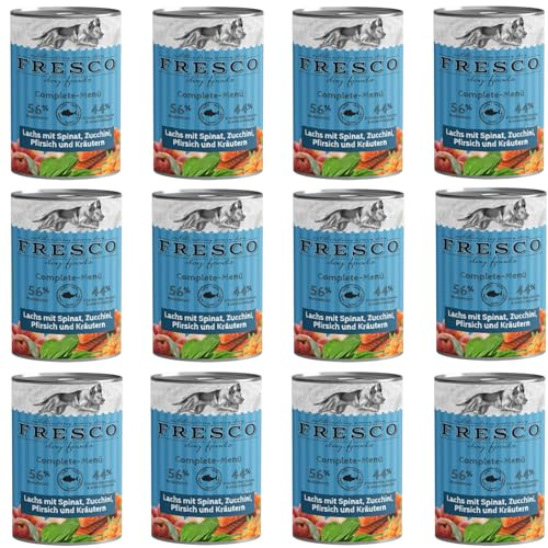 Fresco Complete-Menü Lachs mit Spinat, Sanddornbeeren und Kräutern | 12er Pack | 12 x 400 g | Nassbarf für Hunde | Mit Omega-3 | Grob zerkleinertes Naturprodukt