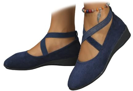 Chaussures compensées à bout pointu pour femme, avec sangle élastique croisée et bout rond confortable à enfiler, bleu, 40 EU