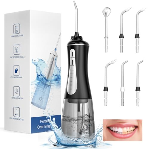 Elinsong Jet Dentaire Hydropulseur Portable Water Flosser, Réservoir 350ML, Irrigateur Oral 5 Modes, Chargement USB-C Portable Détartreur IPX7 Pour La Maison et Les Voyages Noir