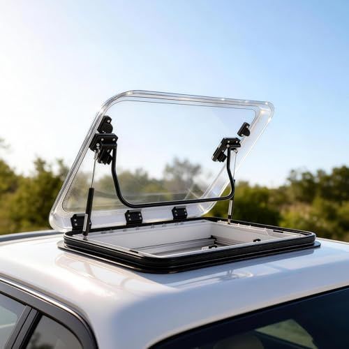 50x50cm Premium Wohnmobil Dachfenster / Dachluke / Dachhaube | 12V LED + UV-Schutz + Insektenschutz,70° Öffnung & Doppelfunktion,Für Camper, Wohnwagen, Caravan, Boot