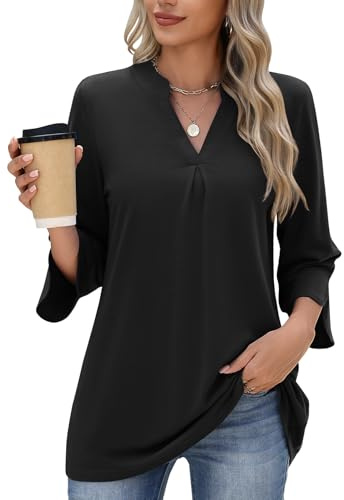 PASUDA Blusa Mujer Elegante Camiseta Manga Larga de Negocios 3/4 Manga Camisas Cuello en V Rayas Sólido Túnica Moda Casual Trabajo Túnica Verano Tops Otoño T Shirts(Negro,L)