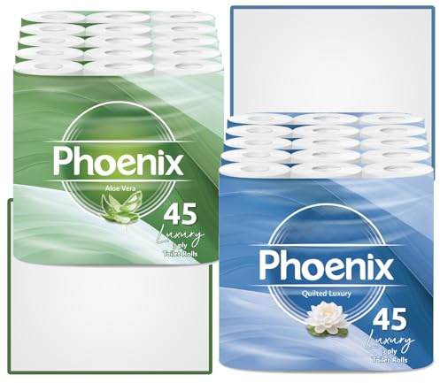 Phoenix Toilet Rolls – 90 Pack | 3 Ply Aloe Vera Scented & Quilted Luxury Unscented Toilet Paper | Bulk Buy, Soft, Quilted, Sustainably Sourced, Eco- Friendly Luxury Bathroom Tissue