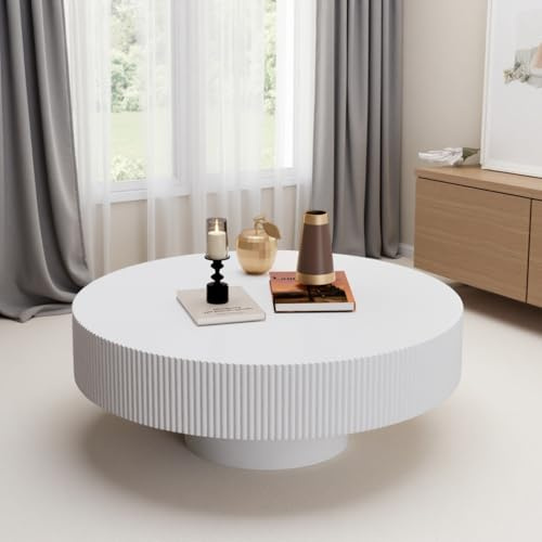 DAXUESEH Round Drum Coffee Table White Round Fluted Coffee Table Circle Center Table Pedestal End Table for Apartment (WHITE)
