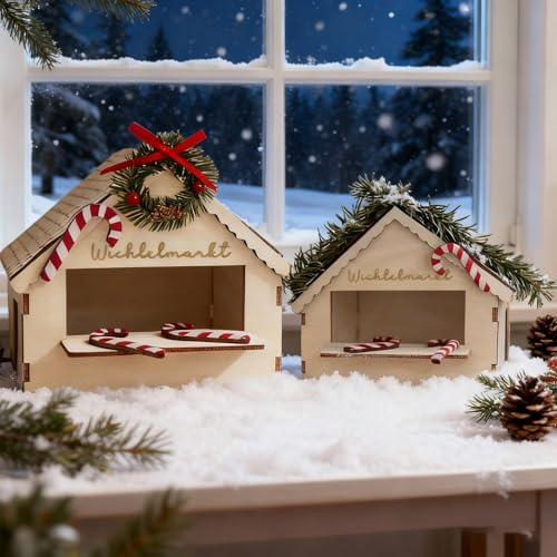 Ensemble de buden miniature pour marché de Noël - Petites maisons en bois x 2 et couronne, canne à sucre et guirlande, accessoires de lutin de Noël, accessoires de lutin de lutin - Kit de lutin