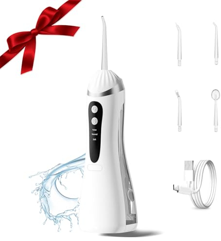 Jet Dentaire Hydropulseur Portable Sans Fil, 4 Buses 3 Modes USB Chargé Étanche IPX7, 200 ML, Dentaire Sans Fil Portable Water Flosser, ultra-fin de 0,6 mm, Pour La Maison et Les Voyages, Blanc