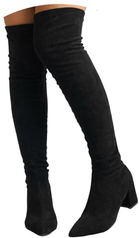 Xbemkste Botas por encima de la rodilla para mujer con tacón, elegantes, botas largas hasta la rodilla, botas altas de ante, tacón cuadrado, botas elásticas, botas de invierno fáciles de poner, Negro