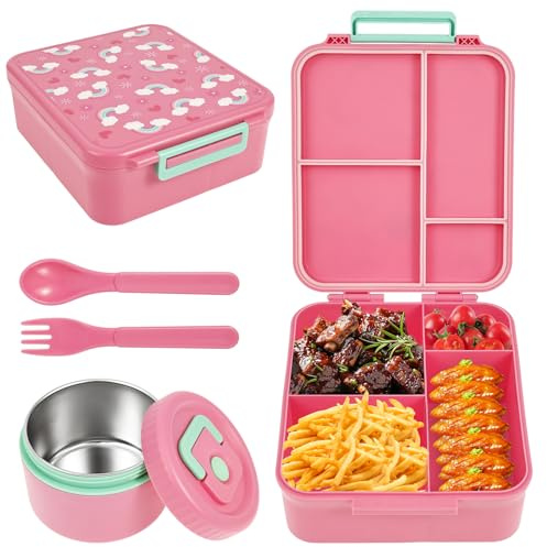 YUNYOUC Kids Lunch Box 1700ml Packed Lunch Box with Soup Jar Spoon Fork, Food Container with Multi-Compartments for Boys Girls Children Toddler Adult Work School(Pink)