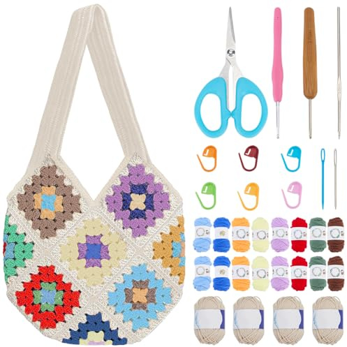 ORIGACH Häkel Tasche Set Für Anfänger,Granny Square Häkeltasche Häkelset, Häkelset für Erwachsene Mit Schritt Für Schritt Videoanleitungen, Beige