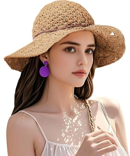 shallyong Sombrero de Paja para Mujer, Sombrero de Sol ala Ancha, Sombrero de Playa Plegable, Sombrero de Sol Bohemia Verano, para Playa Viajes Vacaciones y Actividades al Aire Libre