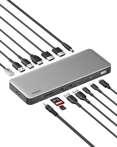 Belkin Connect Thunderbolt™ 4 Dock, estación de Acoplamiento 14 en 1 de 96 W con Soporte de Pantalla Triple 4K 60Hz, Transferencia de Datos de 40 Gbps, Puerto Ethernet de 2.5 GB, Cadena de Margaritas