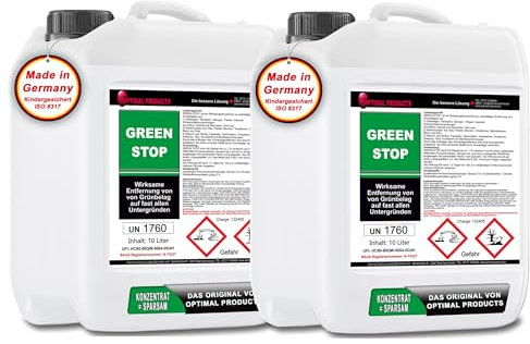 Optimal Products Grünbelagentferner | Steinreiniger für z. Bsp. Pflastersteine uvm | Fassadenreiniger I Selbsttätig ohne nacharbeiten I Konzentrat (20 Liter)