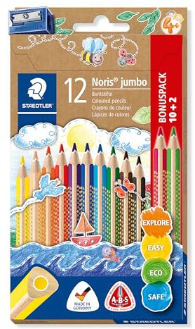 STAEDTLER Buntstift Noris jumbo, erhöhte Bruchfestigkeit, Dreikantform, ABS-System, attraktive Sternchenprägung, Bonuspack mit 12 brillanten Farben und einem Spitzer, 128 NC12P1
