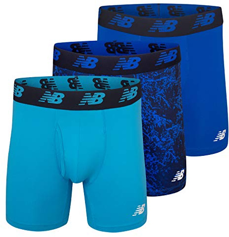 New Balance Men's Performance Boxer Briefs with Fly, Breathable Stretch Underwear, Moisture Wicking, Soft Waistband (3 Pack), Print/Steel/Pigment, Large