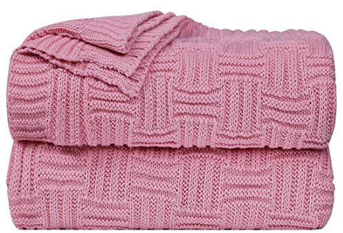 sourcing map Zopfmuster Decke Weiche Leichte Runde Strukturierte Feste Sofa Werfen Couch Abdeckung Dekorative Gestrickte Decken aus 100% Baumwolle Rosa 50 x 60