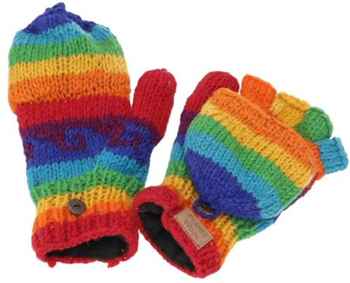 GURU SHOP Handgestrickte Klapphandschuhe Nepal, Wollhandschuhe | Warme Fausthandschuhe, Fleece-Futter, elastisch, fair gehandelt, Länge ca. 28 cm, Breite ca. 11 cm