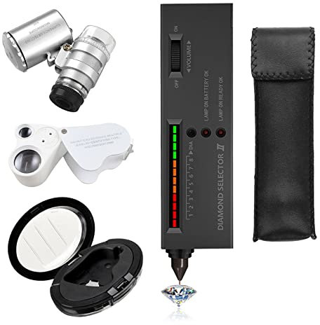 Diamant Tester Stift, tragbarer Diamant-Selektor, hohe Genauigkeit, elektronisches Diamant Tester Werkzeug für Schmuck, Jade, Rubin, mit 2 Stück 30-fachen 60-fachen Lupen, Mini LED Faltbare Lupe