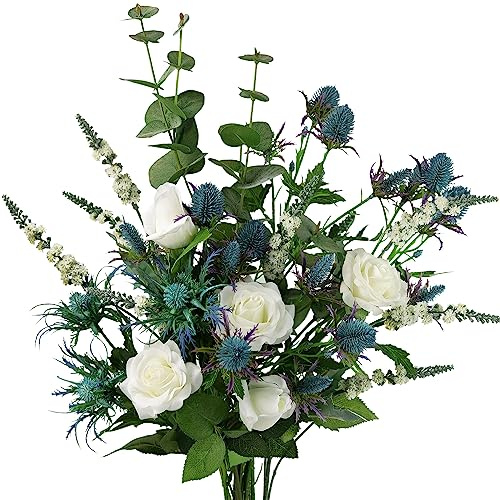 FiveSeasonStuff Sea Breezes Blue and White Themed Mix Flower Bouquet Real Touch Artificial Flowers, 11 Stems Floral