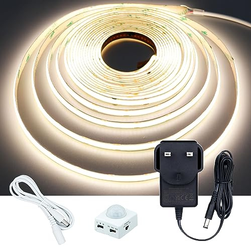 GOMING Motion Sensor COB LED Strip 16.4ft/5M Natural White 4000K CRI 93+ | 3 Lighting Modes 3 Timing Off Modes 3 Brightness Modes with Power Adapter for Kitchen Cabinets Stair Showcase Bedroom Bed