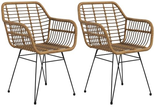HOMCOM Esszimmerstühle 2er Set Sessel mit Rückenlehne Hellbraun+Schwarz | Küchenstuhl, Kunstrattan-Optik, Fußpolster, Wohnzimmerstuhl, Stühle mit Stahlbeine, für Esstisch