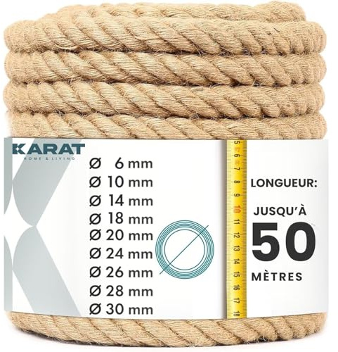 KARAT Kletterseil 20m 30mm Dicke Juteschnur, Tau Seil aus 100% Natur Jute extra Starke Juteband Schnur, Kordel Garn für Sport, Garten Dekoration, Bastelarbeiten Kratzbaum