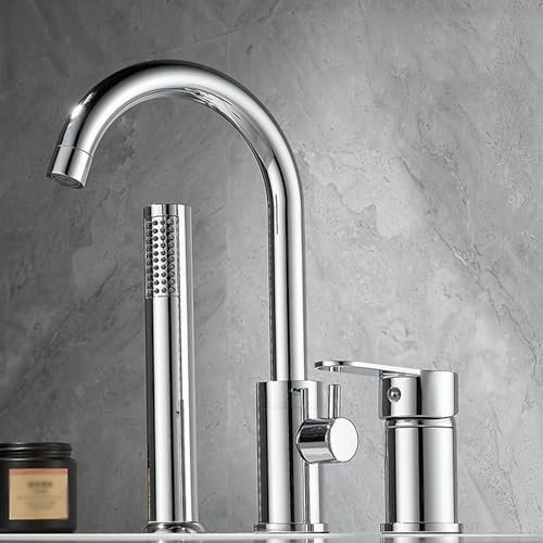 BiaoTeng 3-Loch Wannenrandarmatur Badewannenarmatur Einhebelmischer 360° Drehung Messing Mischbatterie Badewanne Set 3 Loch Armatur Badewanne, Silber