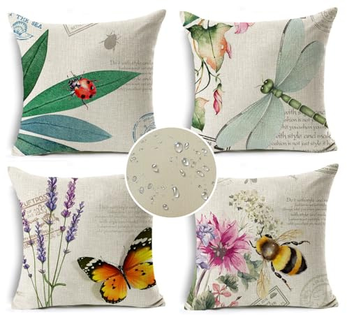Outdoor Cushions Waterproof Garden Decoration Bee Butterfly Dragonfly Ladybug Pillow Case Leaf Lavender Flower Decorative Throw Pillow Covers 18 x 18 Inches Set of 4 outdoor Cushions covers 18x18
