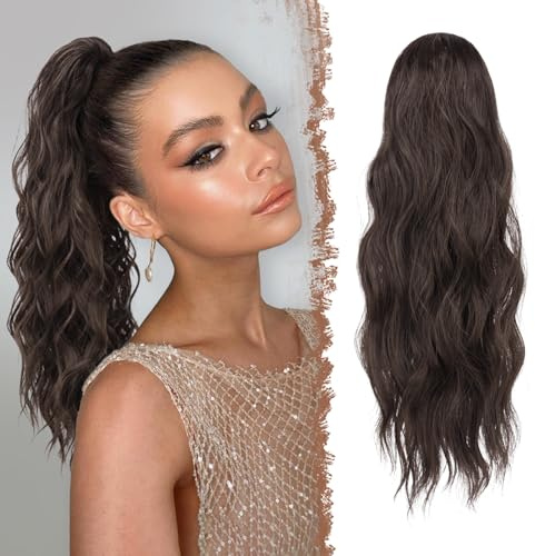 FESHFEN Queue de Cheval Extension avec Cordon Longue Rajout Extensions de Cheveux Ondulées Synthétiques Postiche Bouclés pour Femmes, 45 cm Marron Chocolaté Marron Foncé mélangé