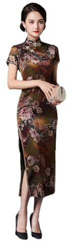 ZNLFS Abito tradizionale cinese da donna Cheongsam a fessura laterale, vestibilità aderente, midi, con collo mandarino e maniche corte Qipao, Marrone, 40
