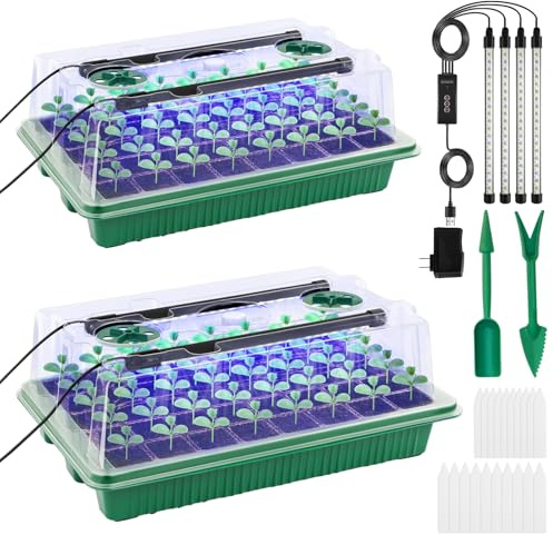 DOUUCO Seed Trays with Grow Light, 2 Pack 80 Cells Propagators Trays with Heightened Lids, Seedling Starter Growing Trays Adjustable Window 2 Meters Timing Controller for Greenhouse Gardens Green