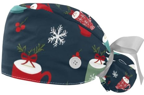 FQURFHY 2 Stücke，OP-Hauben für Frauen，Herren OP-Haube，Pflege-Haarnetz,Für Zuhause,Kaffeetasse Weihnachten