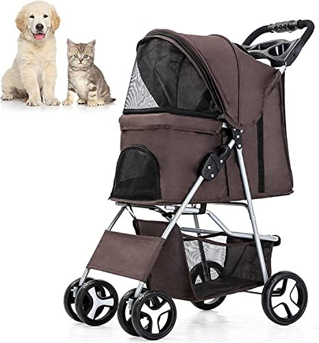 Windmilne Poussette pour Animaux de Compagnie, Poussette à 4 Roues pour Chat et Chien avec Panier de Rangement, Chariot de Transport Pliable et léger pour Chien (Marron)