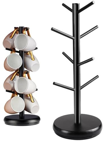 Poupangke Kaffeebecher-Organizer, Kaffeebecher-Baum | Rotierender Teetassenbaum mit 8 Haken | Kaffeetheken-Bar-Multifunktions-Präsentationsständer, dickerer Sockel, schwarzer Holzbecher-Organizer für
