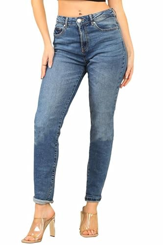 UC Women's Blue Boyfriend Jeans, Mid-Rise, Stretchable, Turn-Up Hem, Size UK 16