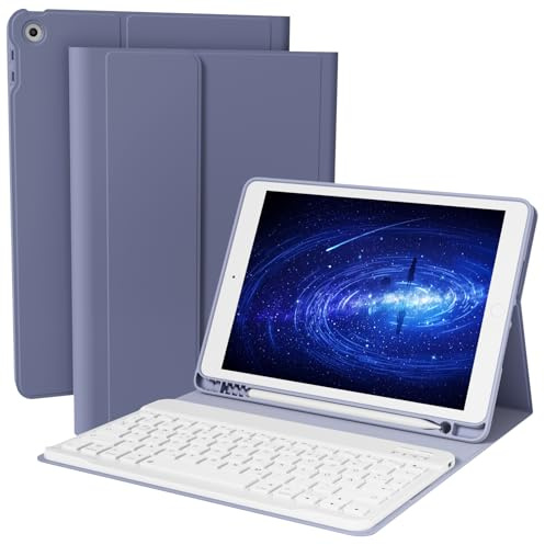 GKABXY Custodia per tastiera per iPad 9/8/7ª generazione (10,2 pollici, 2021/2020/2019), tastiera Bluetooth intelligente magnetica rimovibile, con portapenne, viola