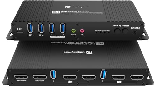 Kvm Switch DisplayPort 2 Monitors 2 Computers EDID 4K 144Hz Hotkey Switching kvm Switches Dual Monitor displayport edid 1440P 144Hz 165Hz 240hz Hotkey Switching