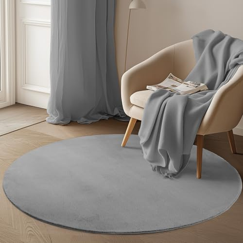 Carpetsale24 Kurzflor Teppich Wohnzimmer 160 cm Rund Silber - Runder Teppich Waschbar, rutschfest, Weich, modern einfarbig Design - für Schlafzimmer, Küche, Esszimmer