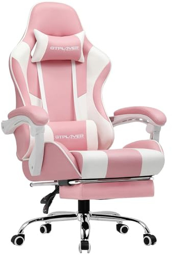 GTPLAYER Bürostuhl Gaming Stuhl Massage Gaming Sessel Ergonomischer Gamer Stuhl mit Fußstütze, Gepolstert Gaming Chair, Drehsessel 150KG, rosa